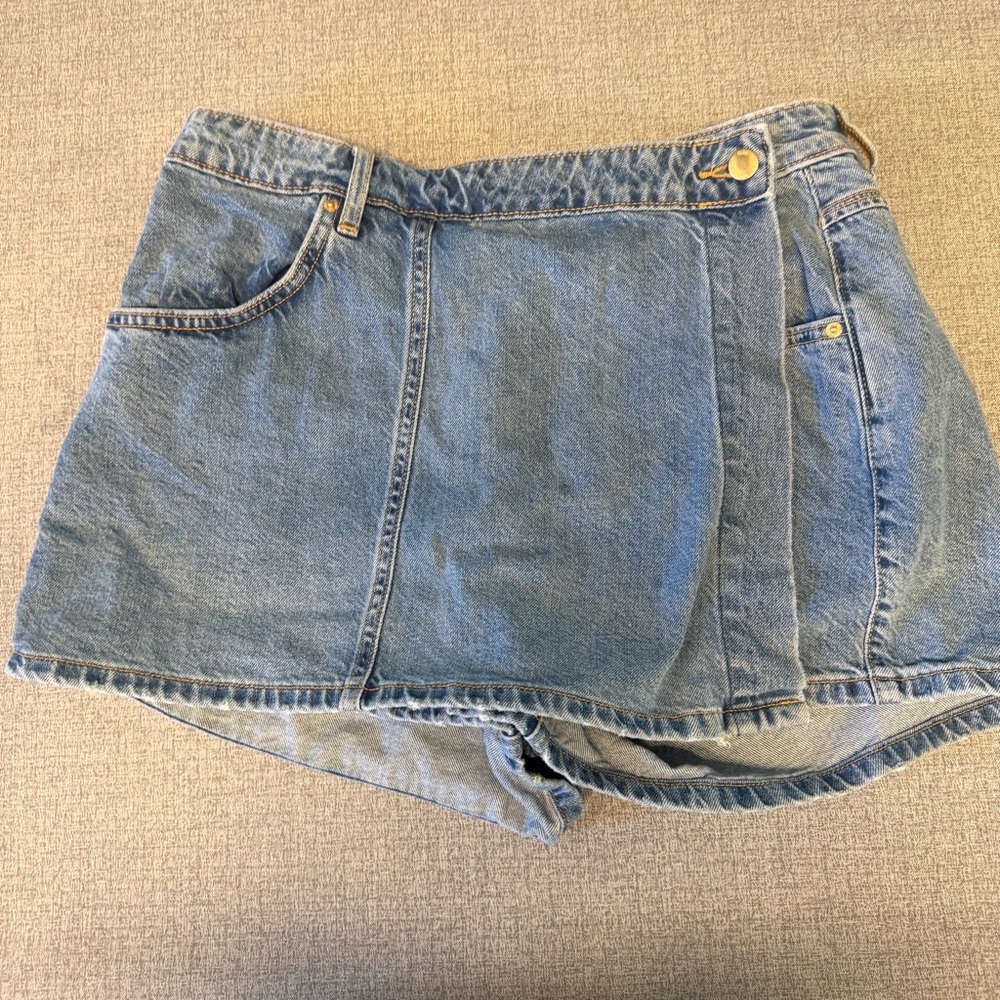 Zara Light Blue Denim Skort Shorts with Wrap Panel